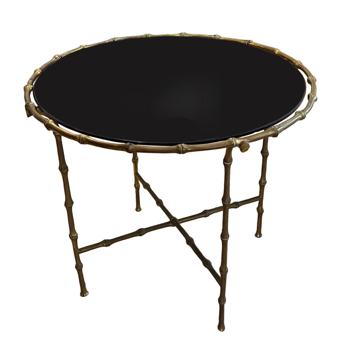 Paire de tables d'appoint rondes en faux bambou, en laiton et verre noir, style français-photo-2