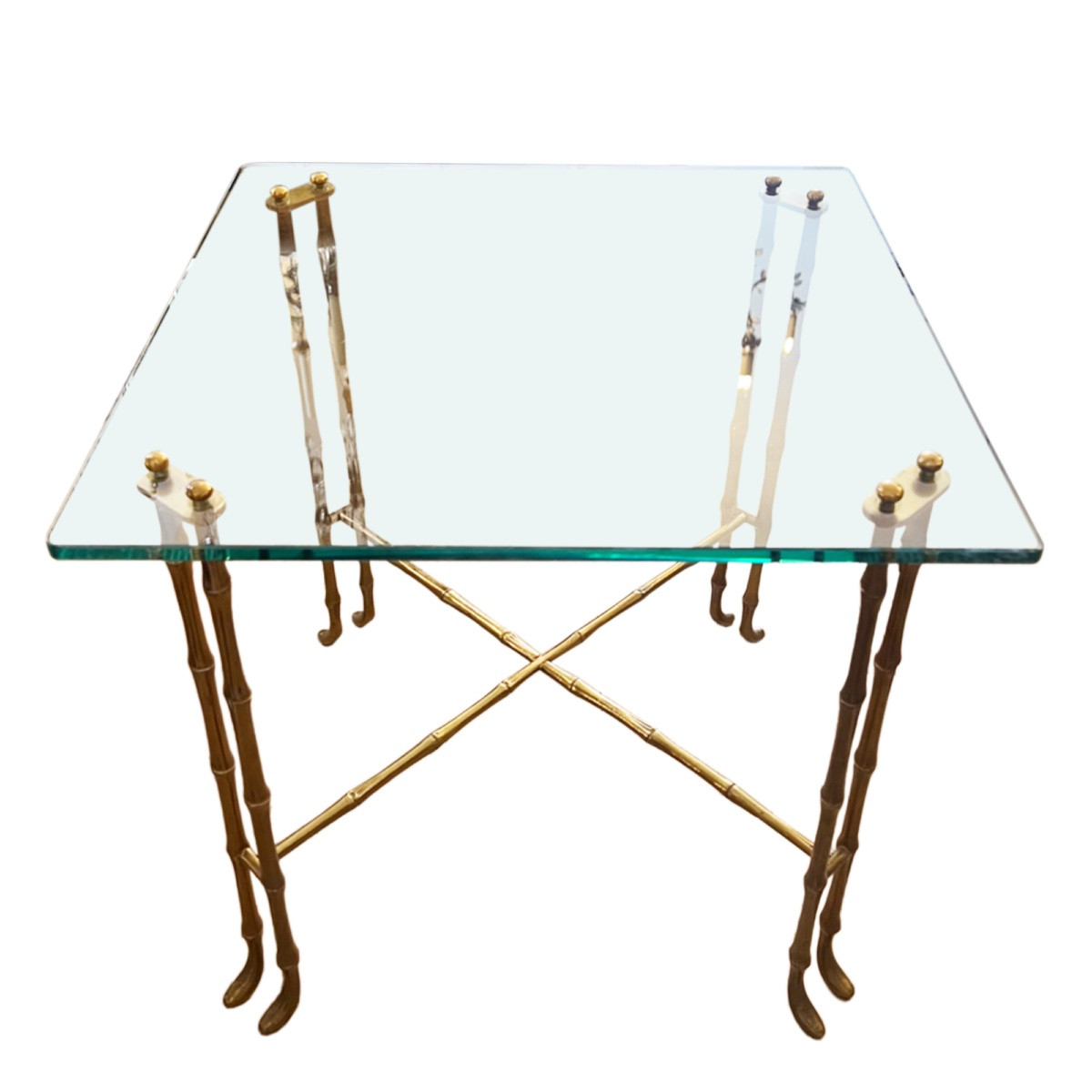 Pair Of French Brass And Bamboo-effect Glass Side Tables From The 1970s-photo-2