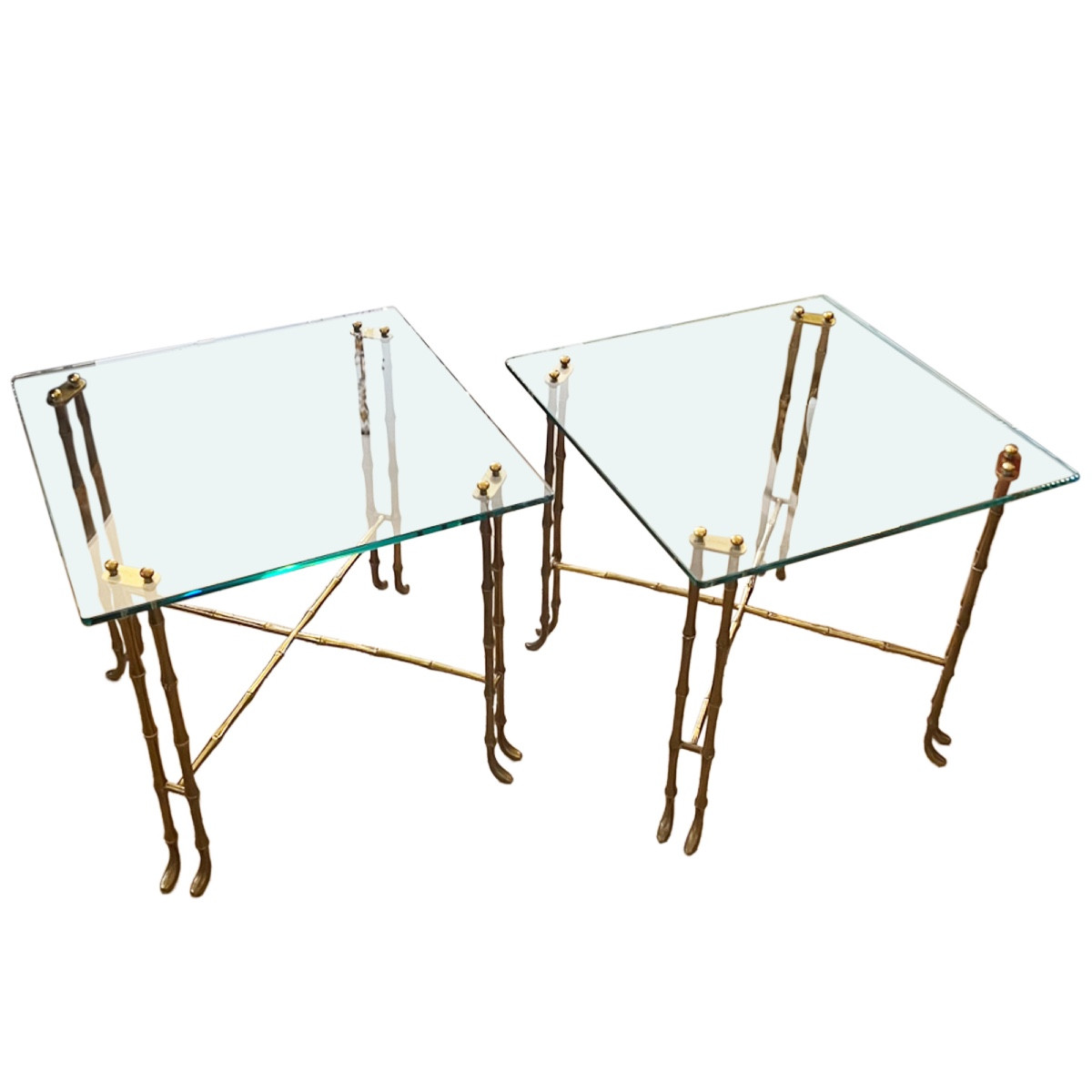 Pair Of French Brass And Bamboo-effect Glass Side Tables From The 1970s