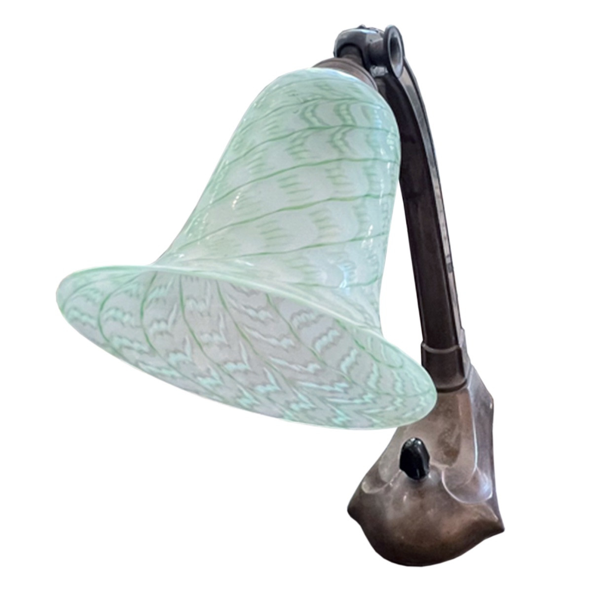 Petite lampe de bureau anglaise des années 1930 en bakélite avec abat-jour décoratif en verre-photo-3