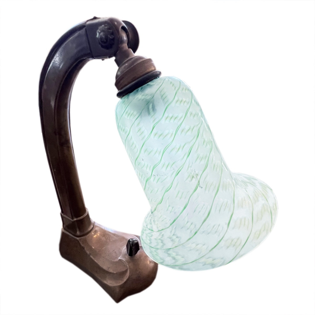 Petite lampe de bureau anglaise des années 1930 en bakélite avec abat-jour décoratif en verre-photo-5