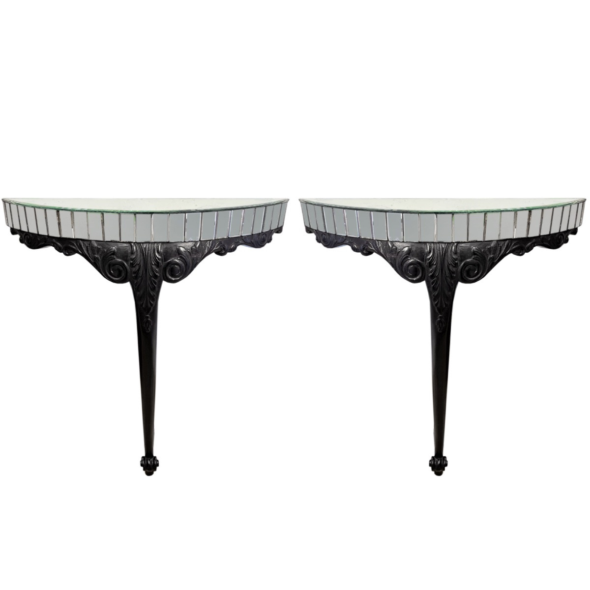 Pair Of Ebonised Carved Wood And Mirror Consoles-photo-1