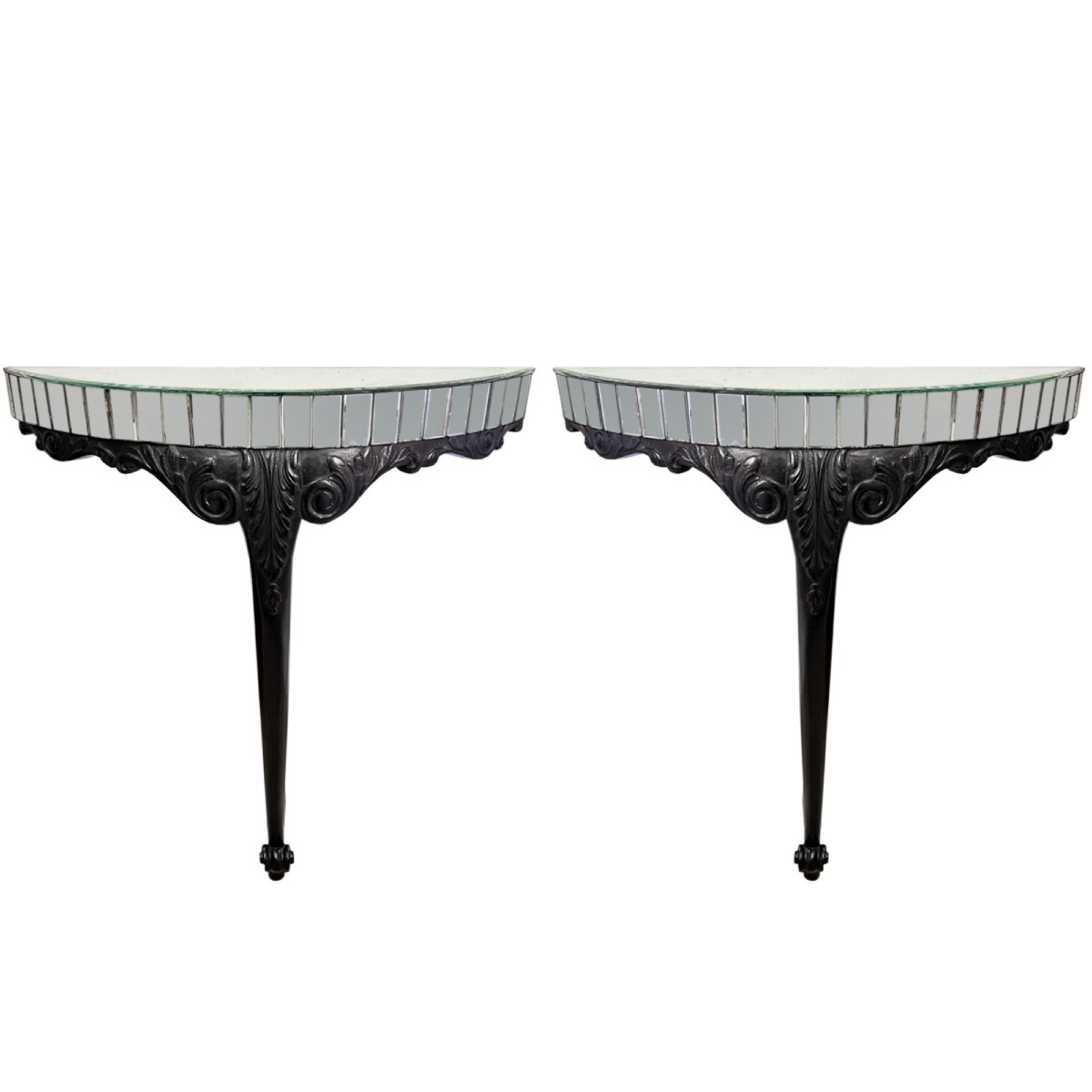 Pair Of Ebonised Carved Wood And Mirror Consoles