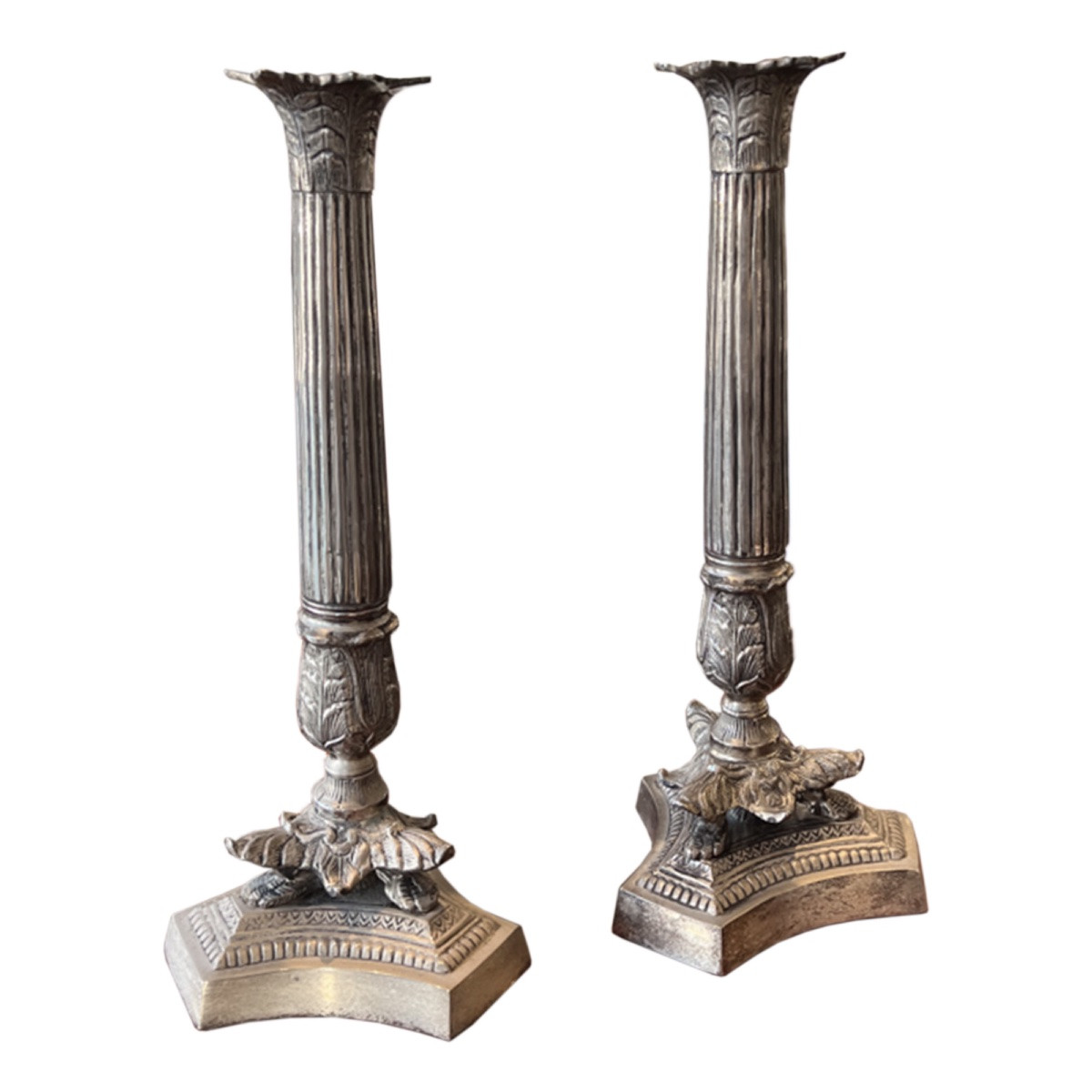Pair Of Worn Silver Metal Candle Holders (3 Pairs Available)-photo-1