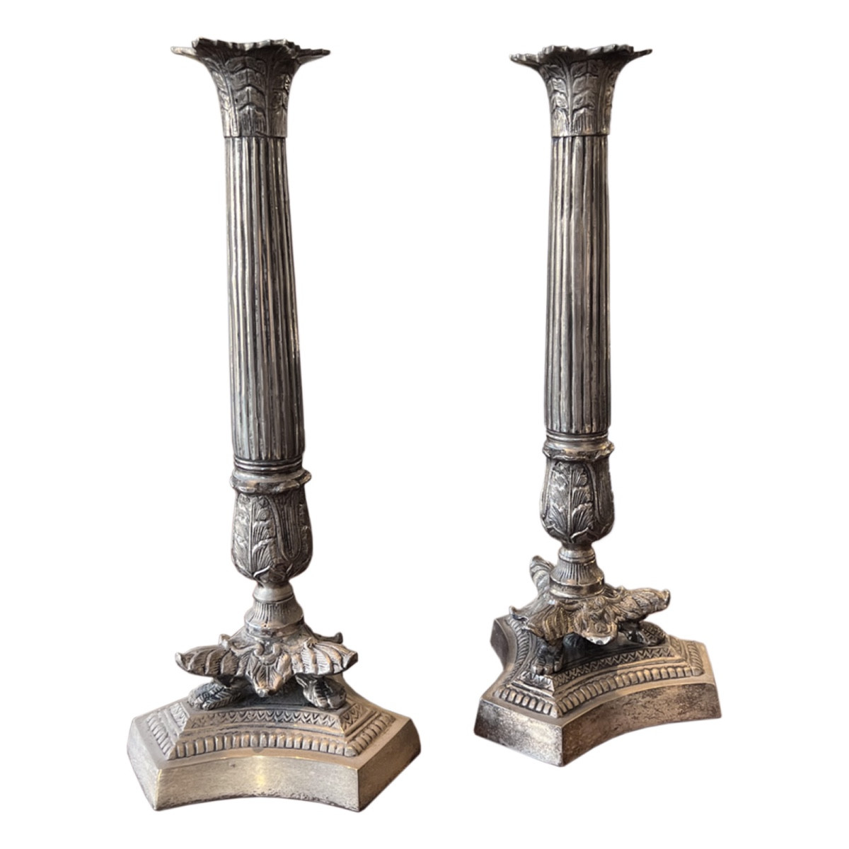 Pair Of Worn Silver Metal Candle Holders (3 Pairs Available)