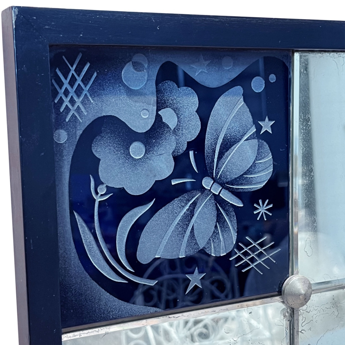 Miroir sectionnel français des années 1930 avec panneaux gravés bleus-photo-2