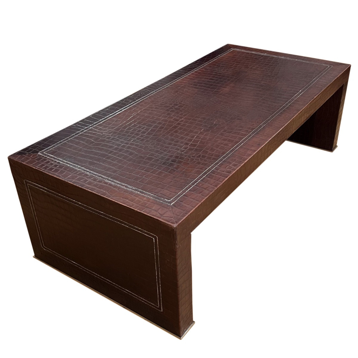 Grande table basse française des années 1970 en cuir pressé imitation crocodile-photo-1