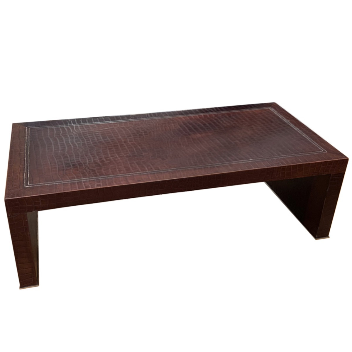 Grande table basse française des années 1970 en cuir pressé imitation crocodile-photo-2