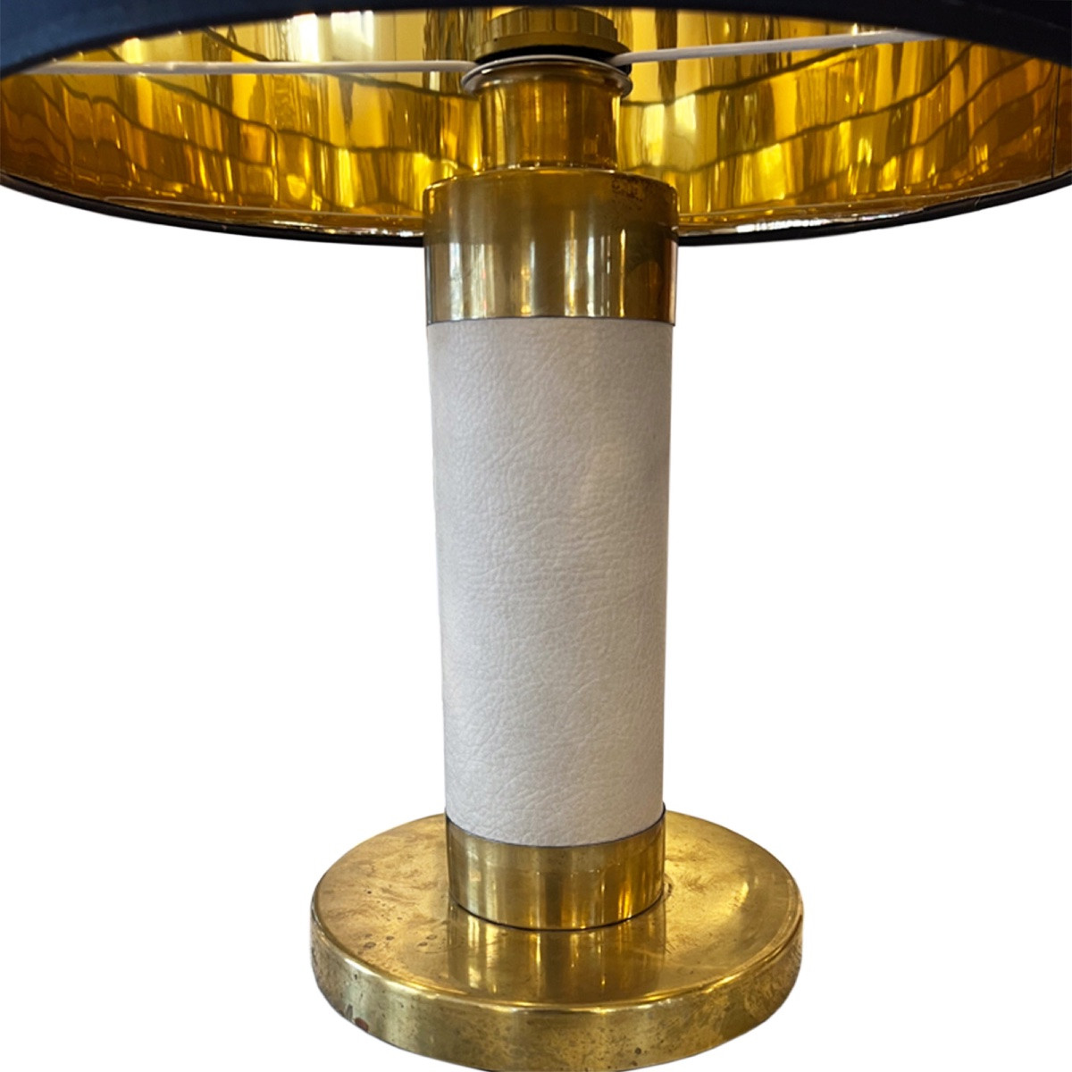 Paire de lampes de table en laiton et cuir crème du milieu du siècle-photo-3