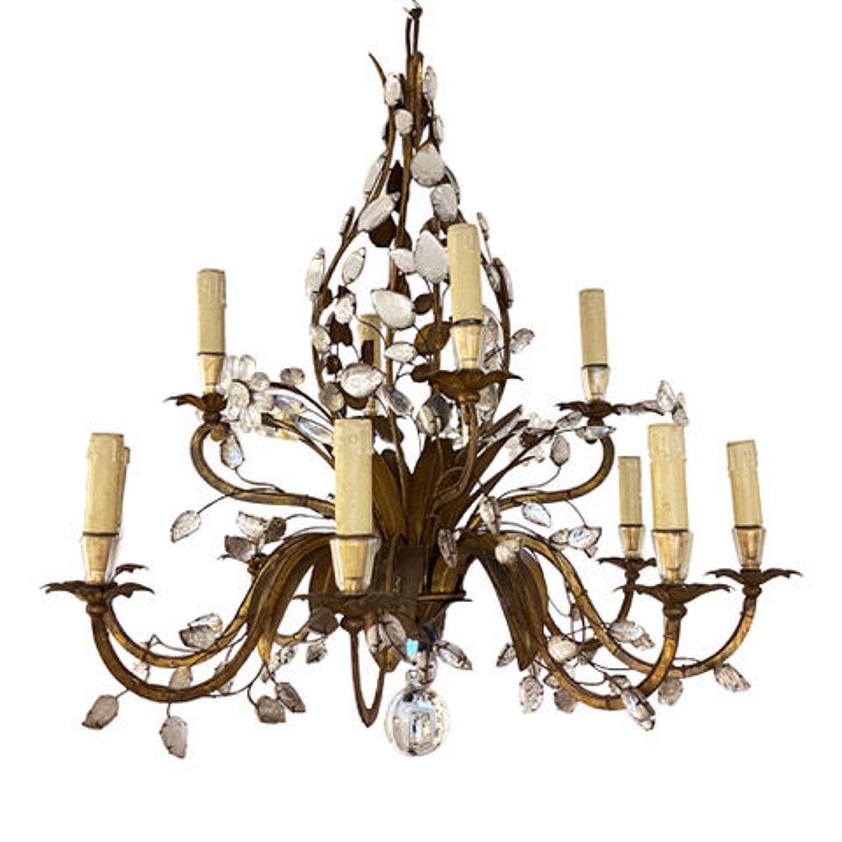 Paire de grands lustres Maison Baguès en métal doré et cristal à huit bras-photo-2