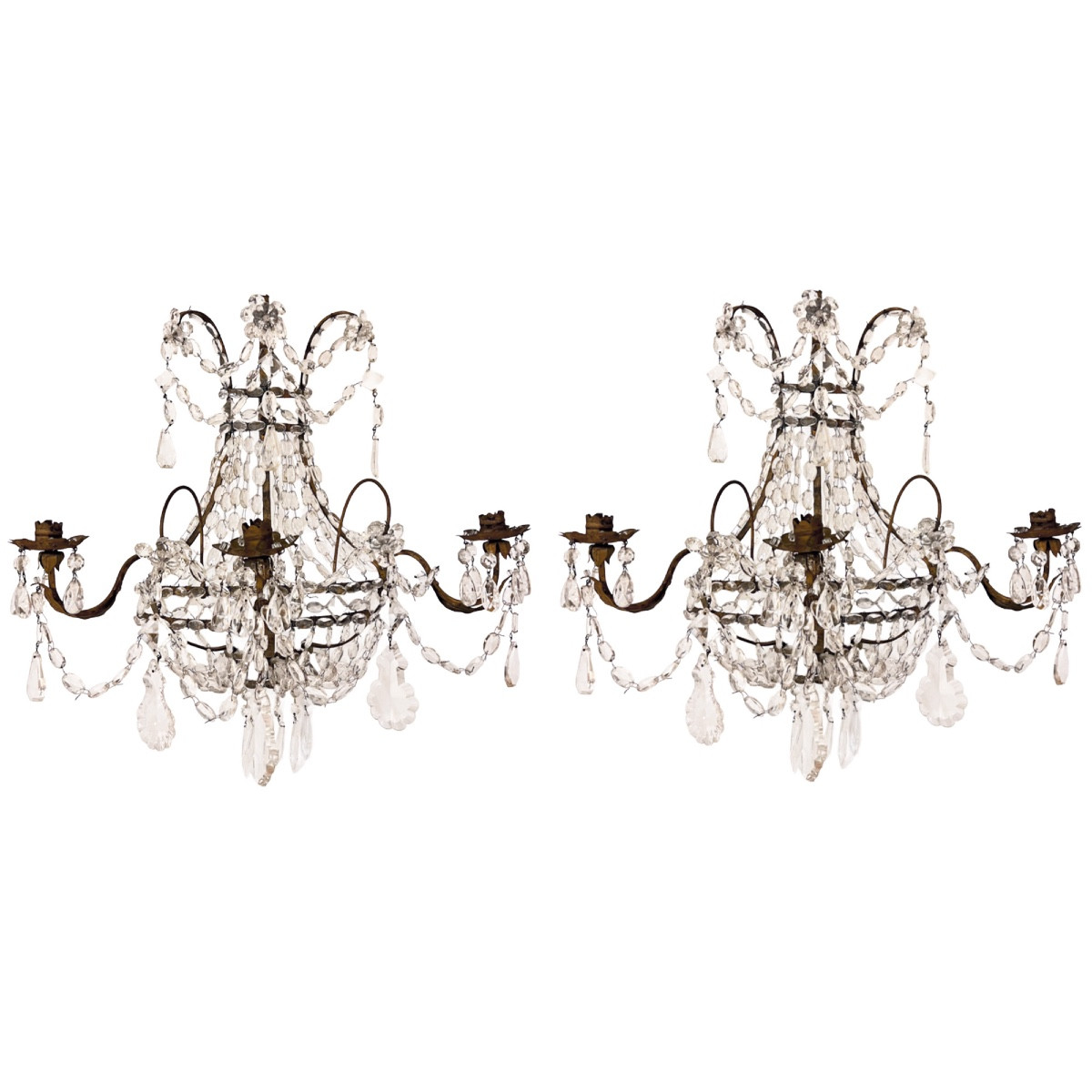  Pair Of French Three-arm Wall Sconces In Gilt Metal And Glass, Dating From The 1920s