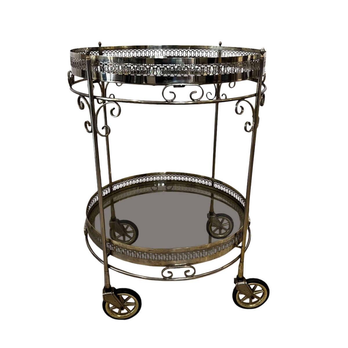  Chariot de bar français à deux niveaux en laiton avec finition argentée, style Mid-Century