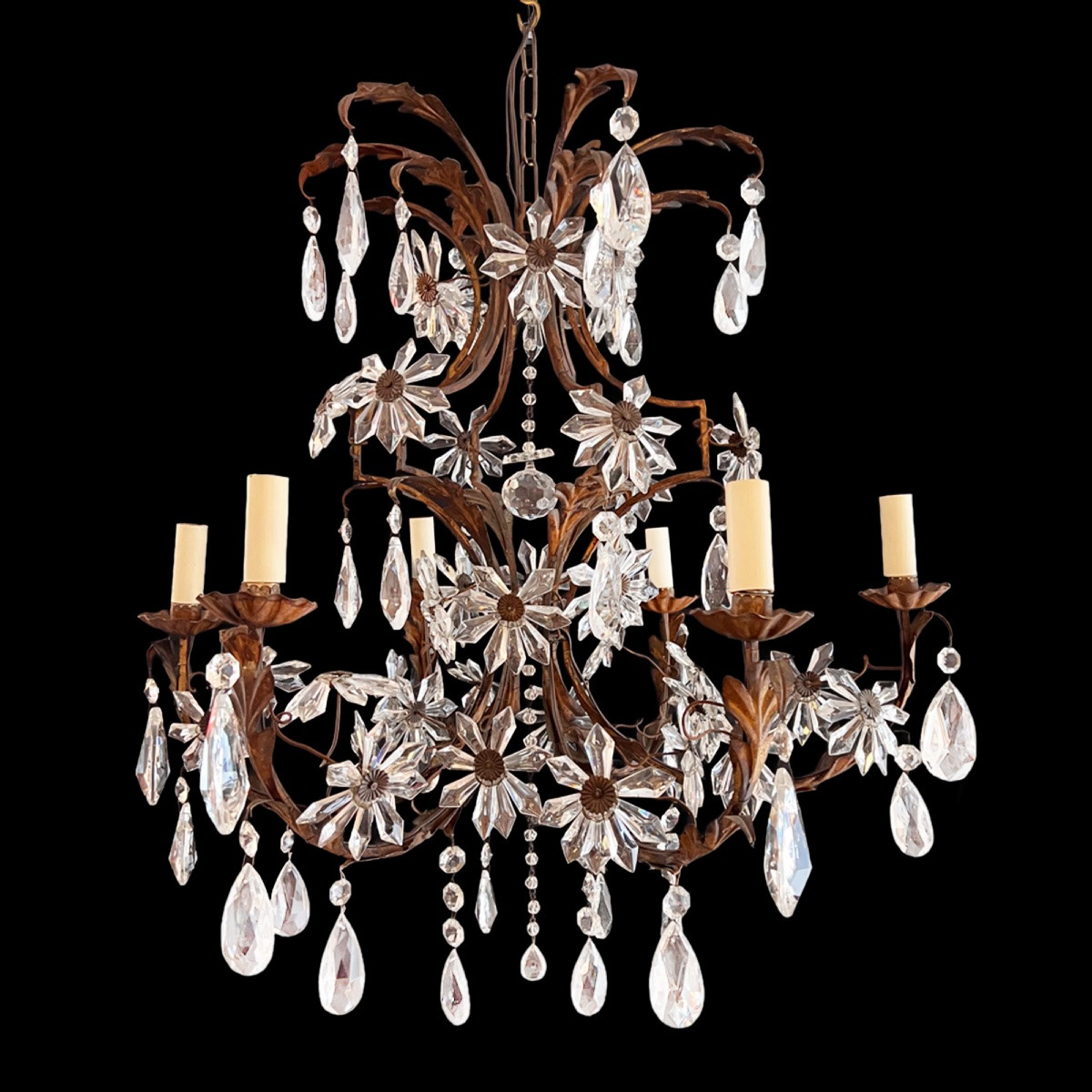 1920s Large French Decorative Chandelier With Six Arms And Floral Motifs-photo-5