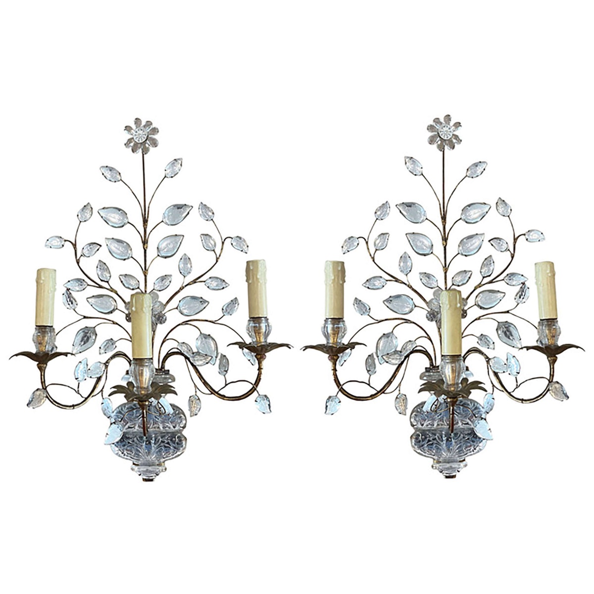 Pair Of Large Maison Baguès Wall Sconces With Urns And Flowers-photo-5