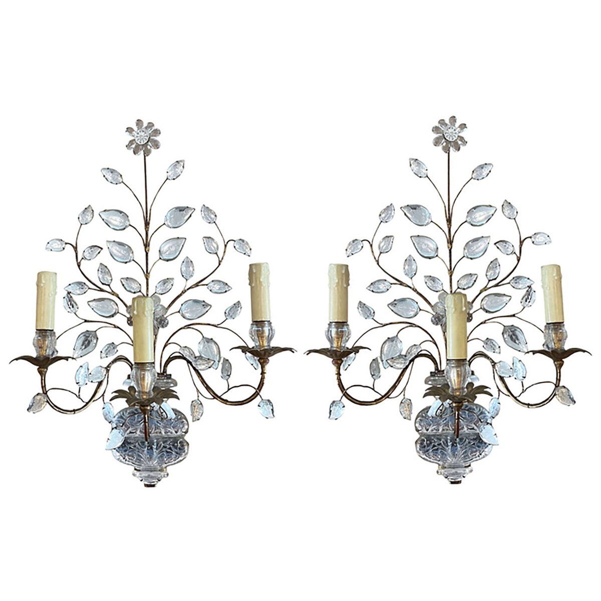 Pair Of Large Maison Baguès Wall Sconces With Urns And Flowers