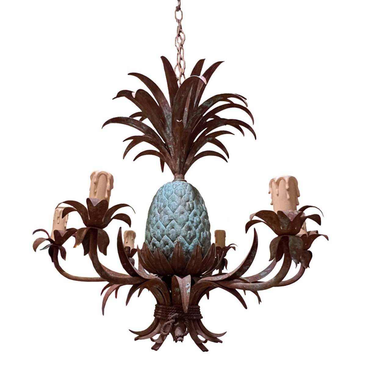 French 1950s Verdigris Pineapple Chandelier With Six Arms-photo-1