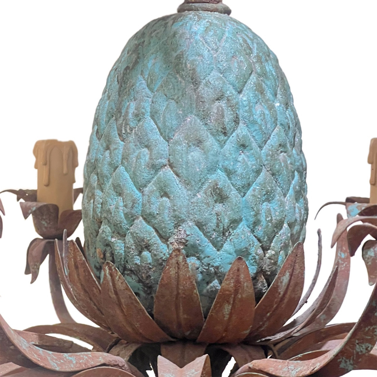 French 1950s Verdigris Pineapple Chandelier With Six Arms-photo-3