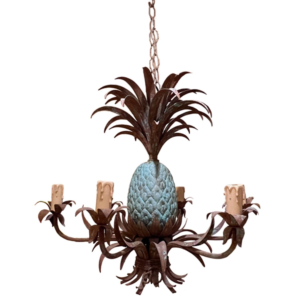French 1950s Verdigris Pineapple Chandelier With Six Arms-photo-4