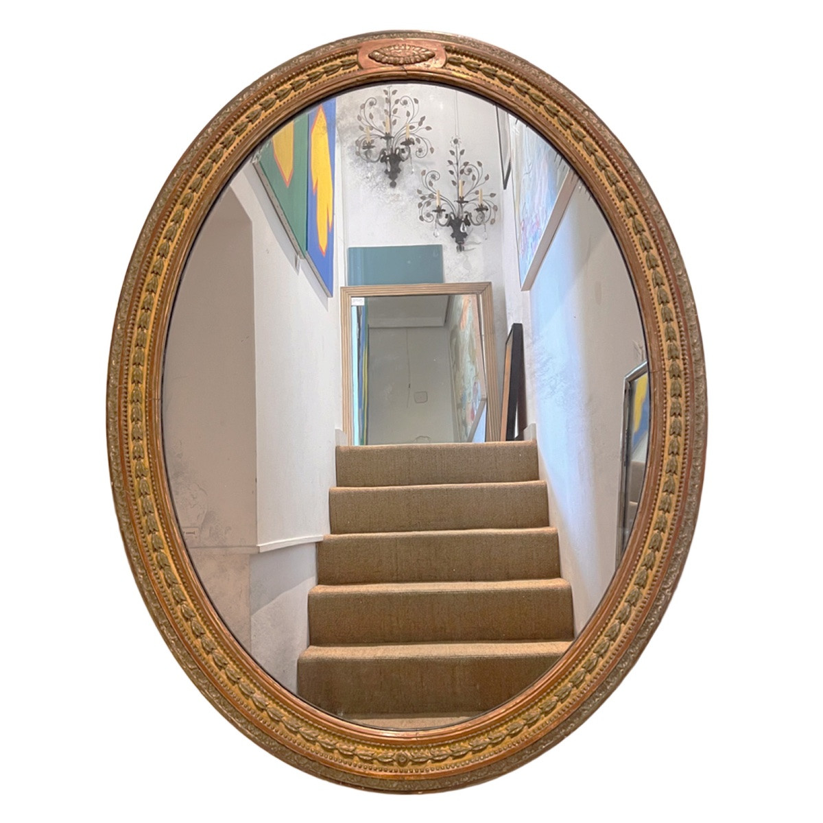 Miroir ovale anglais du XIXe siècle en bois doré avec verre mercurisé d'origine-photo-3