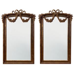Pair Of Large Gilded Wood Mirrors With Carved Wood Scrolls And Flowers