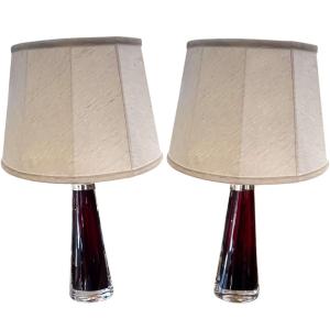 Paire de Lampes de Table en Verre Rouge vif Orrefors Suédois des Années 1960