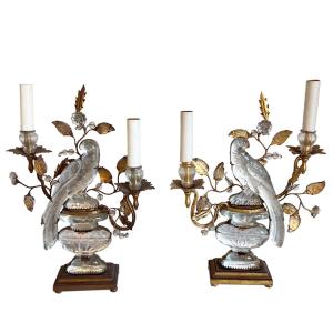 A Rare Pair Of Maison Bagùes Table Lamps With Parrots And Urns