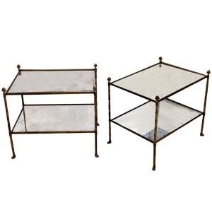Pair Of 1950s French Brass Side Tables With églomisé Glass And Legs 