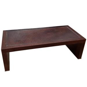 Grande table basse française des années 1970 en cuir pressé imitation crocodile