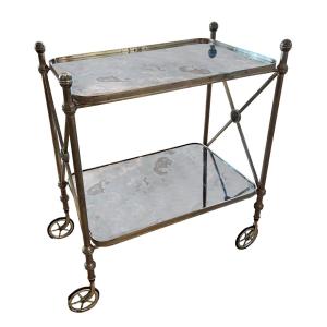 Grand chariot de bar français du milieu du siècle avec verre églomisé