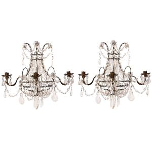  Pair Of French Three-arm Wall Sconces In Gilt Metal And Glass, Dating From The 1920s