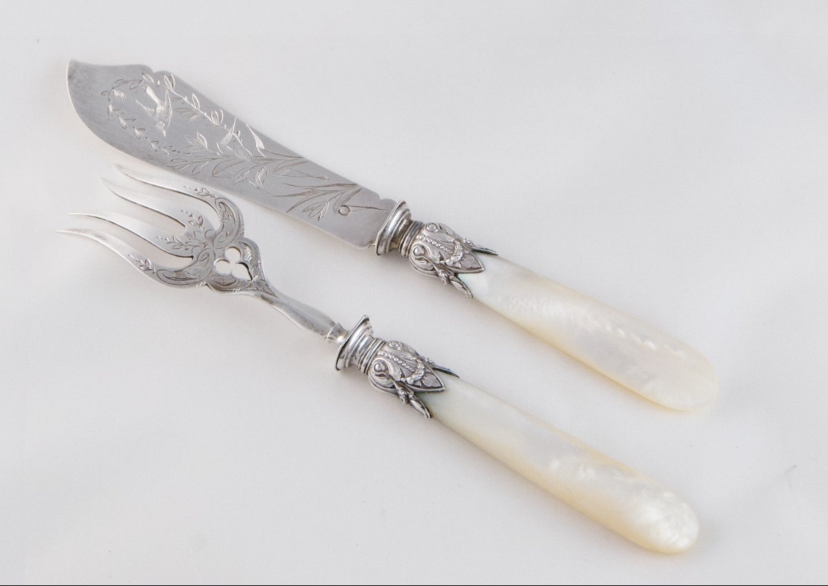 1898-1910 - Pair Of Hors d'Oeuvre Cutlery, Sardine Shovel And Fork, Silver And Mother-of-pearl-photo-2