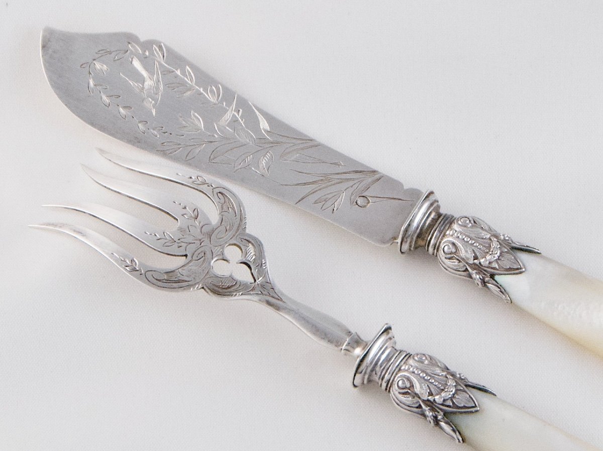 1898-1910 - Pair Of Hors d'Oeuvre Cutlery, Sardine Shovel And Fork, Silver And Mother-of-pearl-photo-3