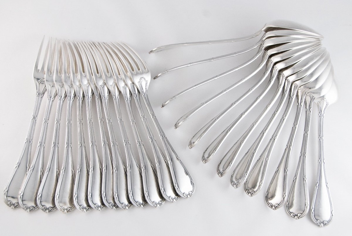 Christofle 1907-1935 - 12 Table Forks And 12 Table Spoons In Louis XVI Style, Rubans Model-photo-2