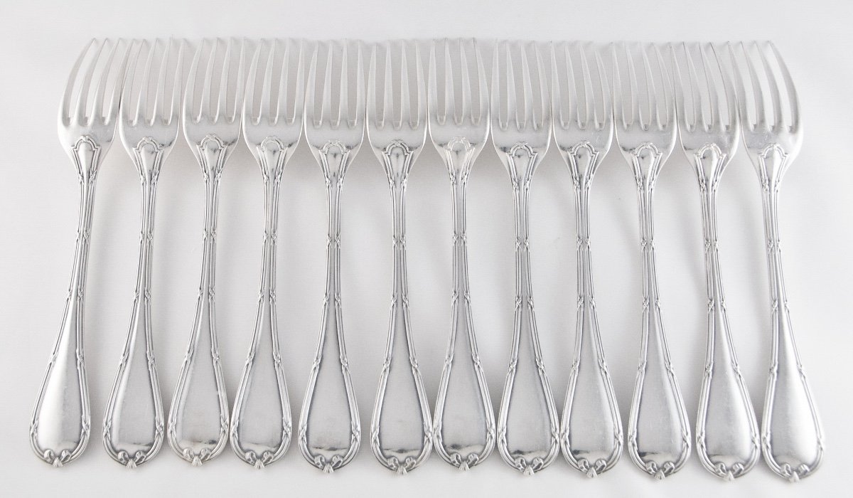 Christofle 1907-1935 - 12 Table Forks And 12 Table Spoons In Louis XVI Style, Rubans Model-photo-3