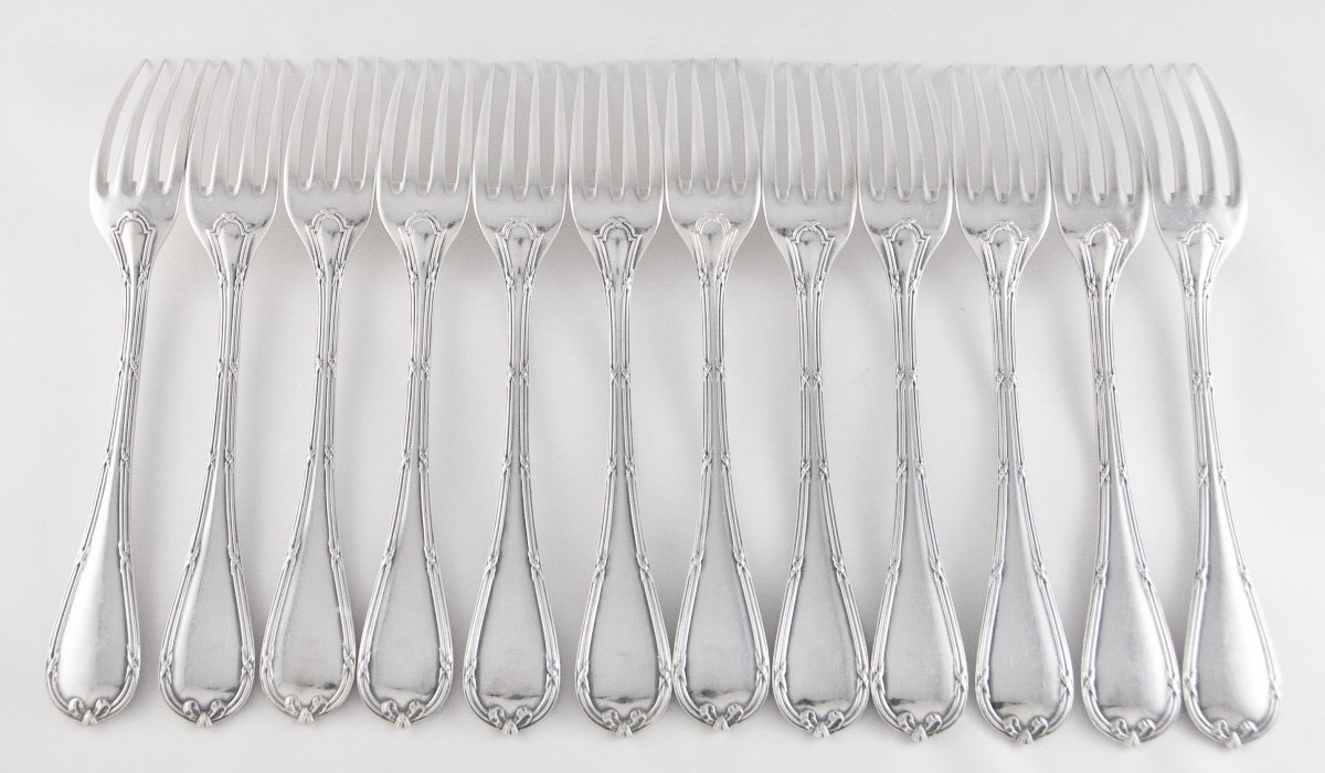 CHRISTOFLE 1907-1935 - 12 fourchettes et 12 cuillères de table style Louis XVI, modèle Rubans -photo-3