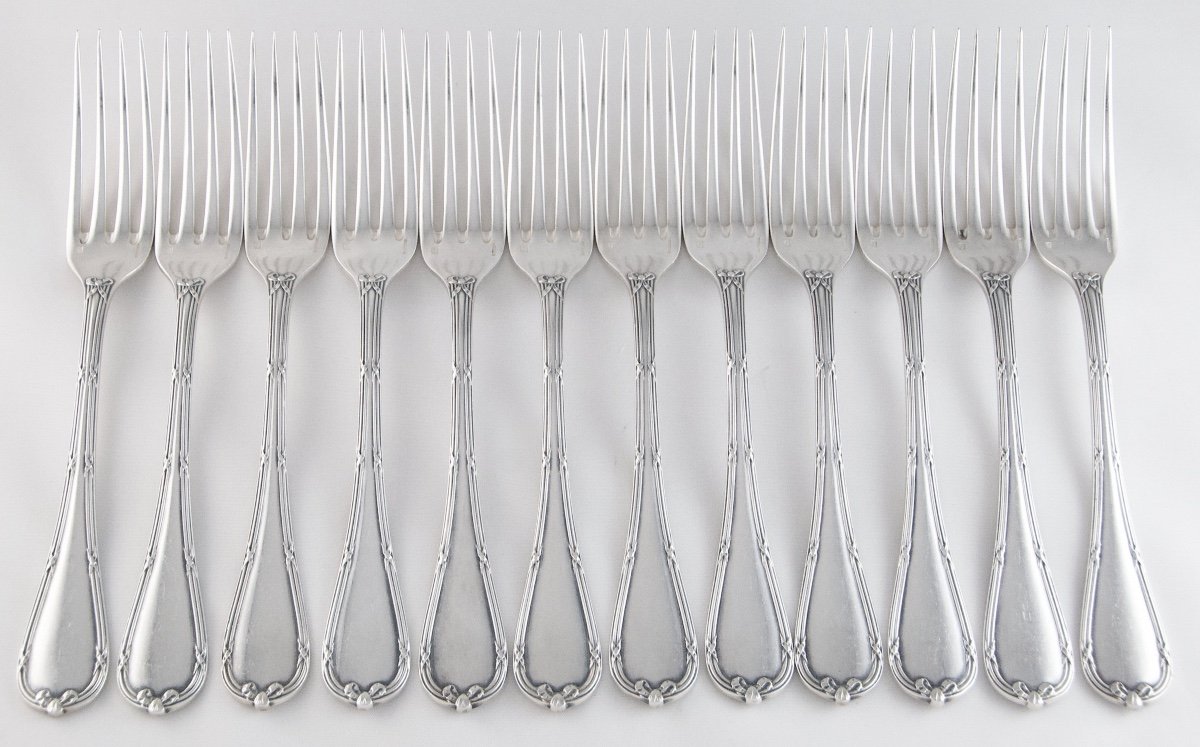 Christofle 1907-1935 - 12 Table Forks And 12 Table Spoons In Louis XVI Style, Rubans Model-photo-4