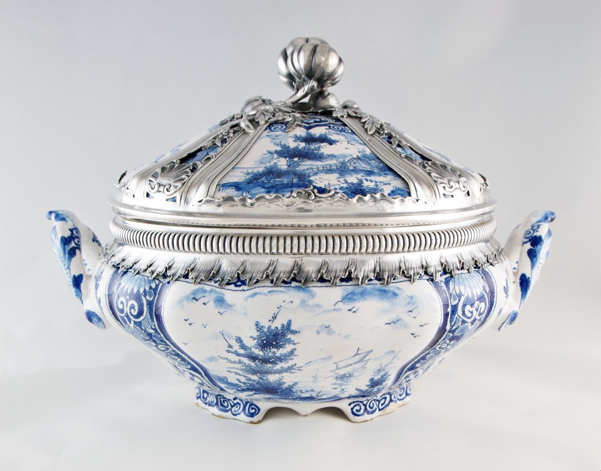 Delft, C.1759 - Louis XV Period Dish Mounted In Solid Silver, By Paulus Van Der Burch