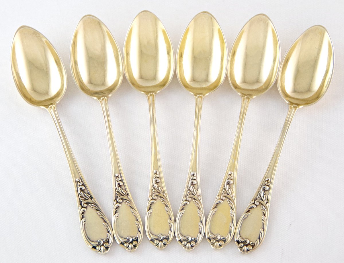 Koch & Bergfled – Set Of 6 Mocha Spoons In Solid Silver Vermeil, 19th Century-photo-3