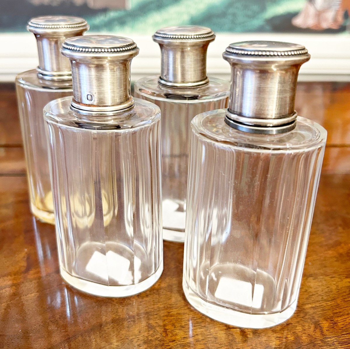 Set Of 2 Perfume Bottles And 2 Sprays In Crystal And Solid Silver, Paris XIXth Century-photo-2