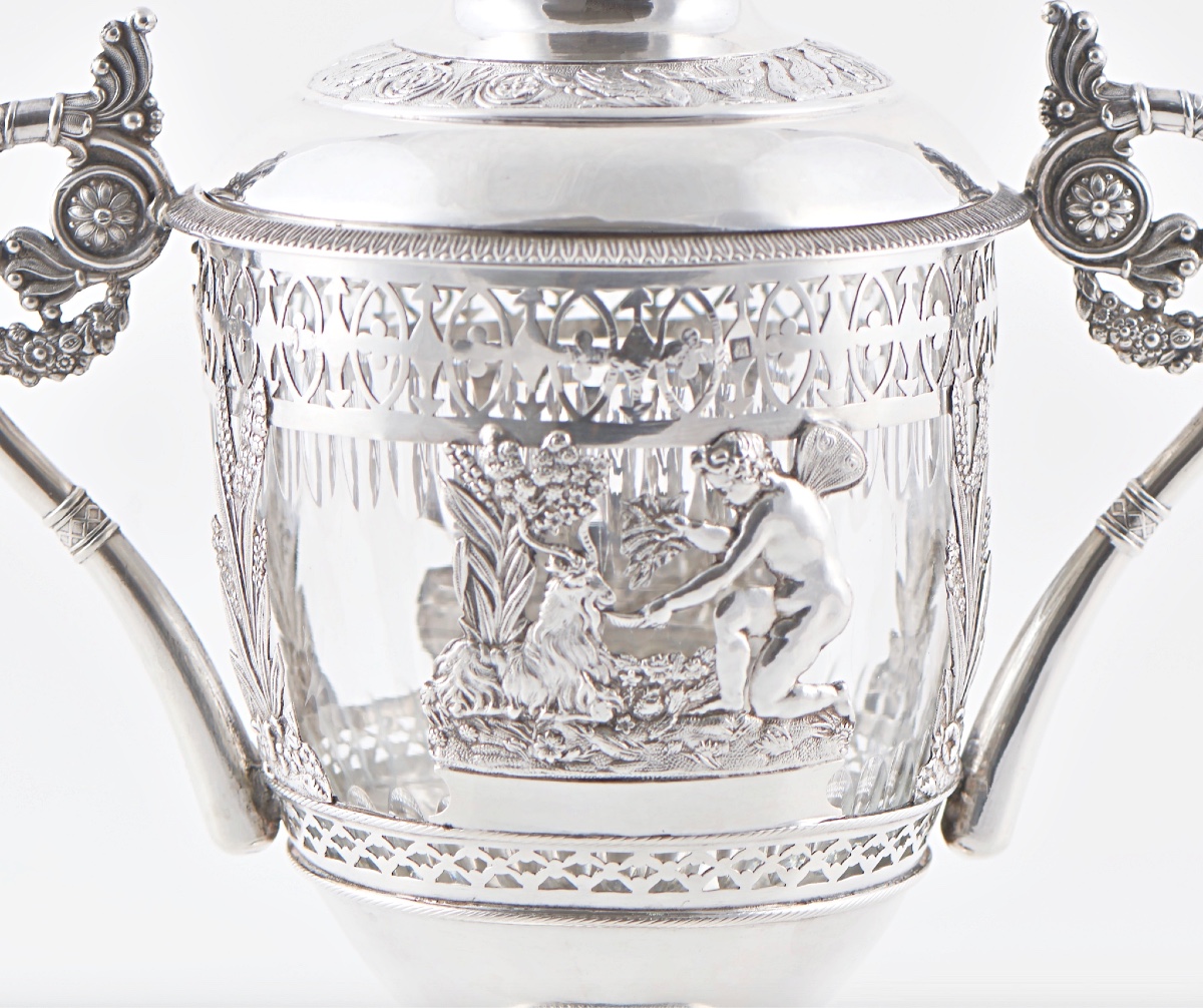 Neoclassical Solid Silver And Cut Crystal Drageoir, Allegorical Decor Of Cupid And Goat-photo-2