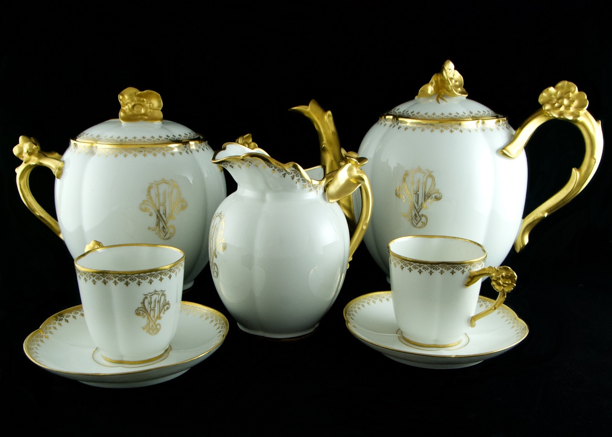 GUÉRIN Limoges – Service à thé café aux fleurs de cerisier de 27 pièces de porcelaine