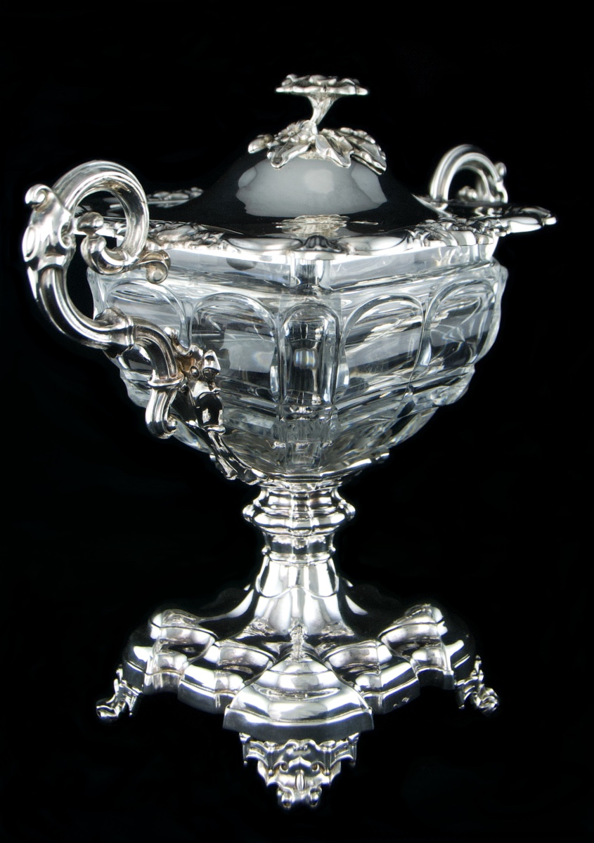 Silver And Crystal Mechanical Sweetmeat Dish With Camellia By Debain, Louis-philippe Period-photo-2