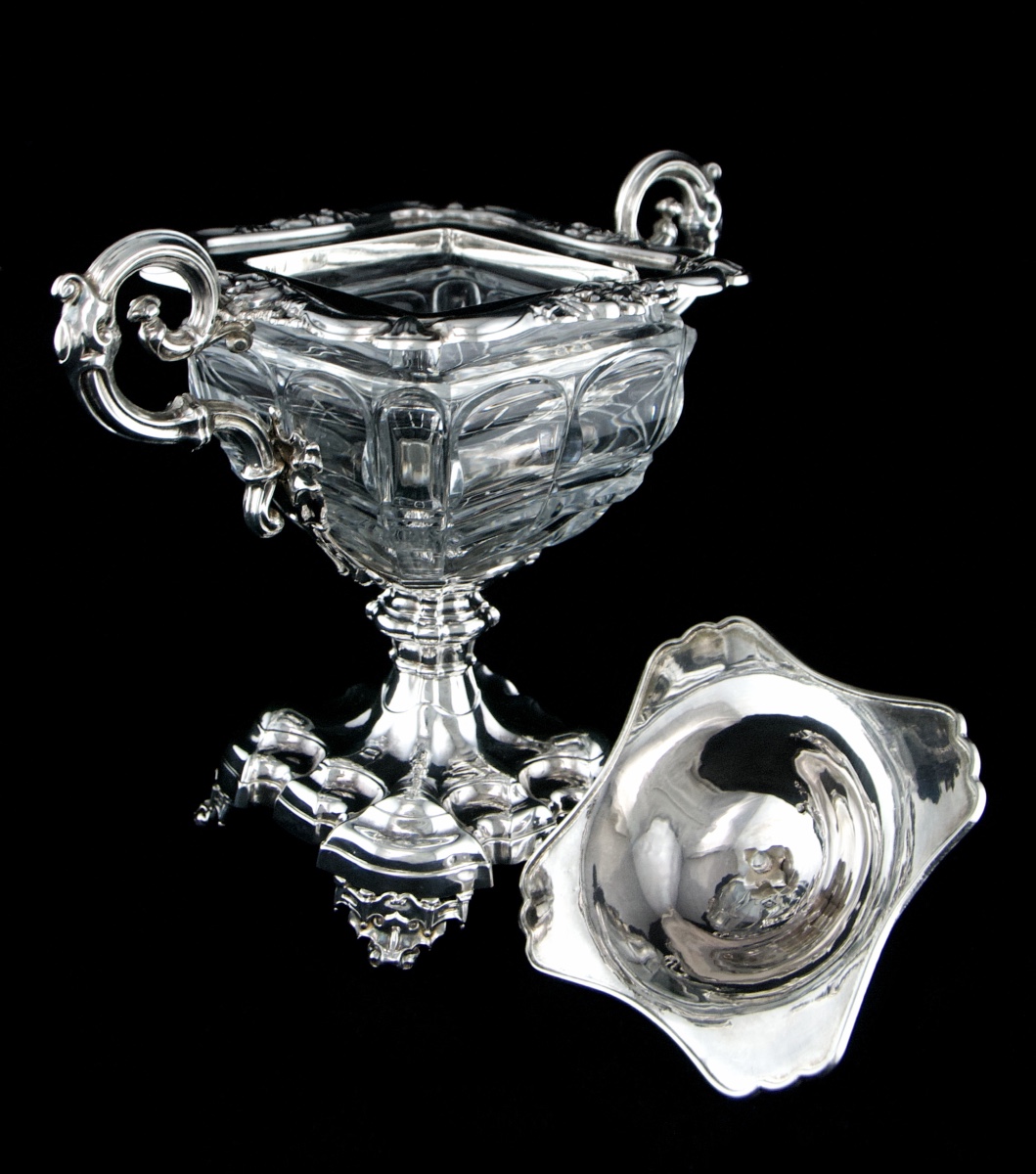 Silver And Crystal Mechanical Sweetmeat Dish With Camellia By Debain, Louis-philippe Period-photo-3