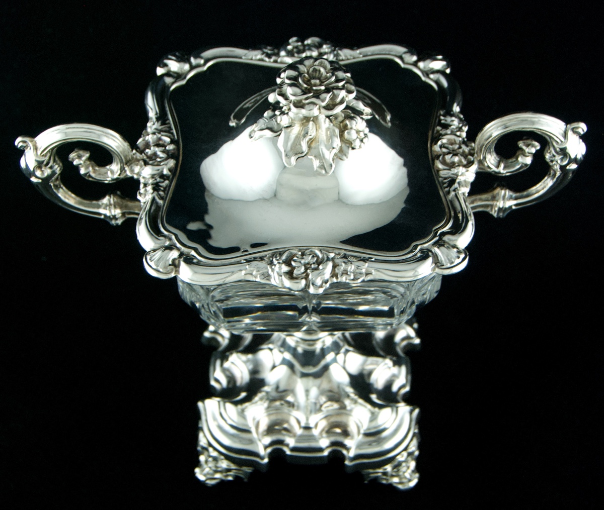 Silver And Crystal Mechanical Sweetmeat Dish With Camellia By Debain, Louis-philippe Period-photo-3