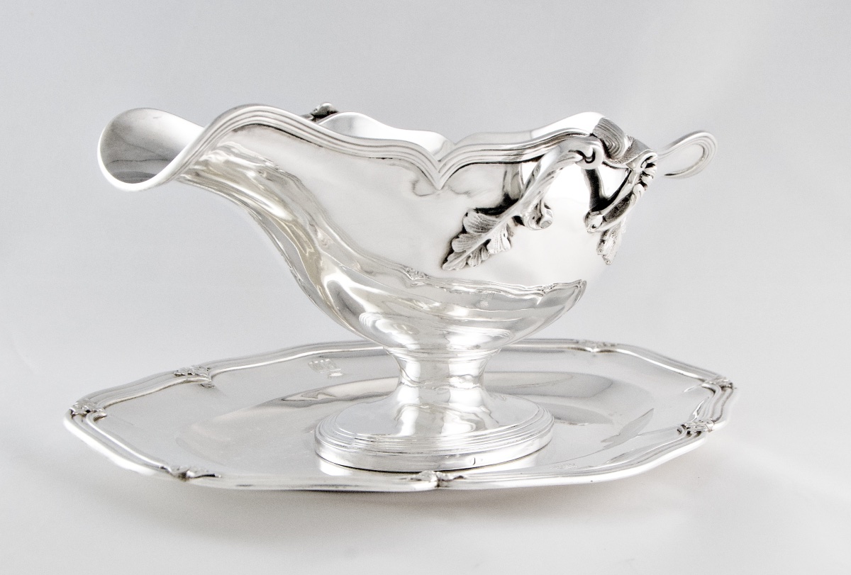 Sterling Silver Sauceboat And Stand By Veyrat, Comital Alliance Arms-photo-3