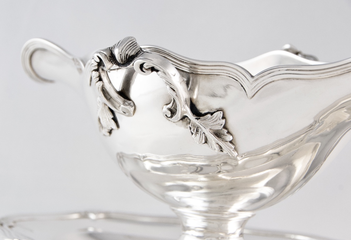 Sterling Silver Sauceboat And Stand By Veyrat, Comital Alliance Arms-photo-4