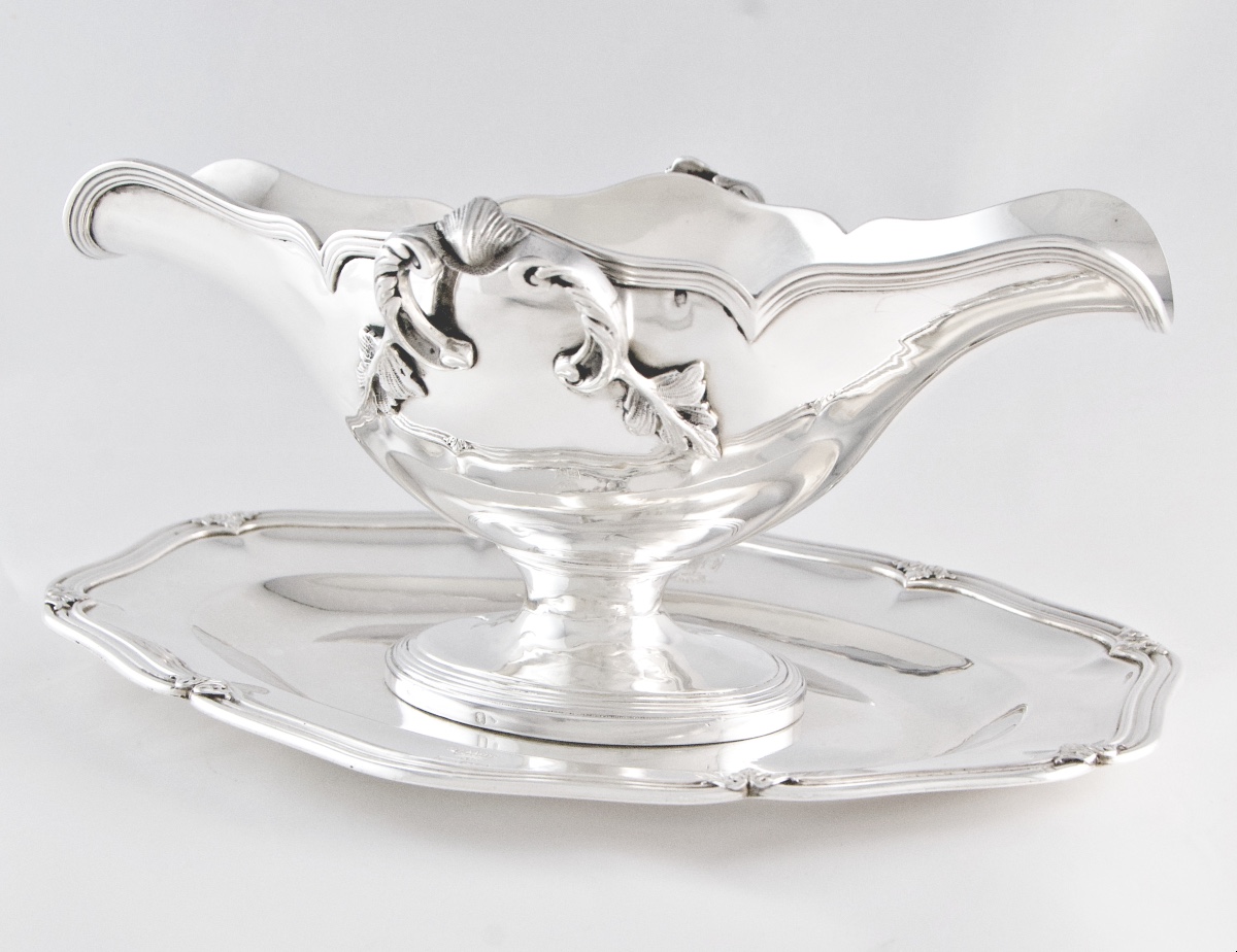 Sterling Silver Sauceboat And Stand By Veyrat, Comital Alliance Arms