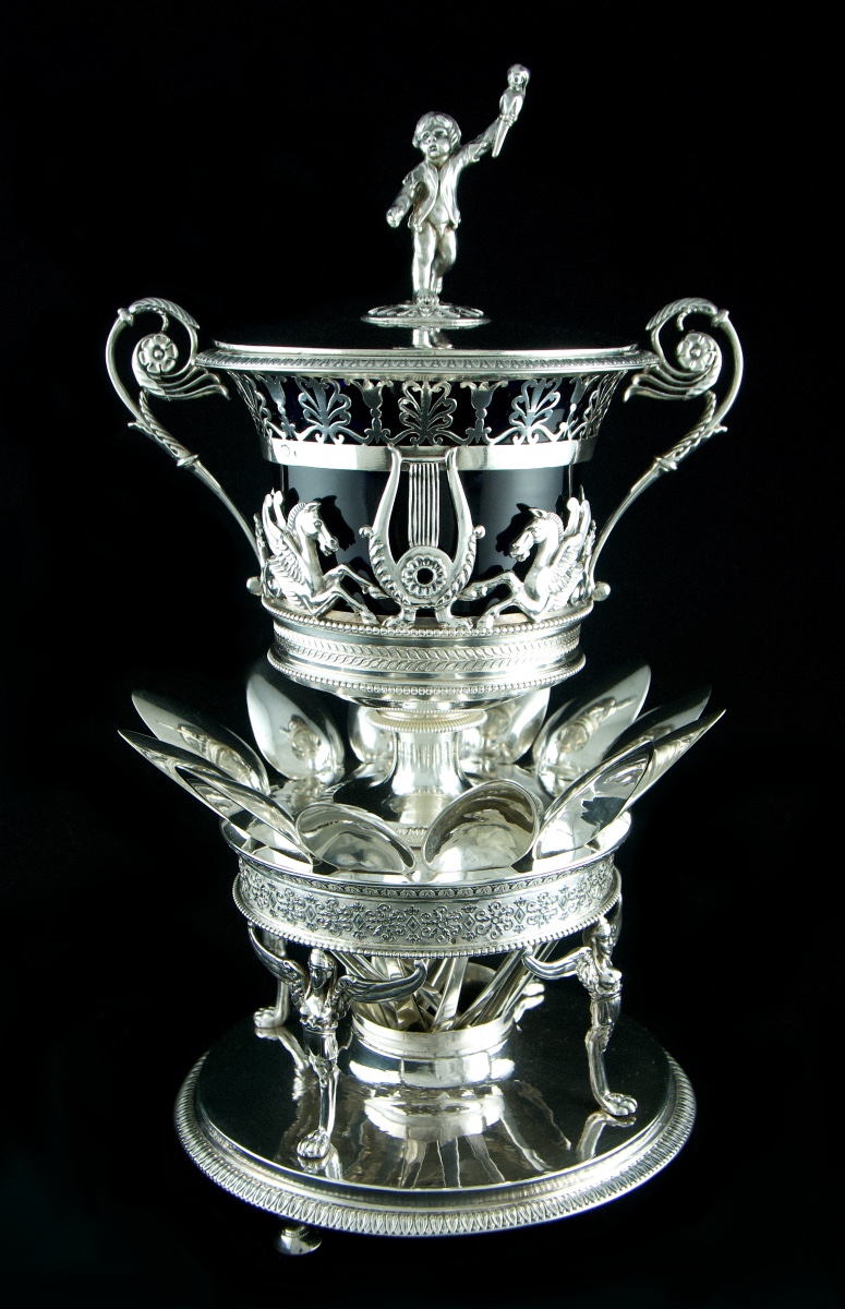 Paris 1809-1819 - Confiturier Empire et ses 12 cuillers en argent massif, Léonard CHATENET, Coq