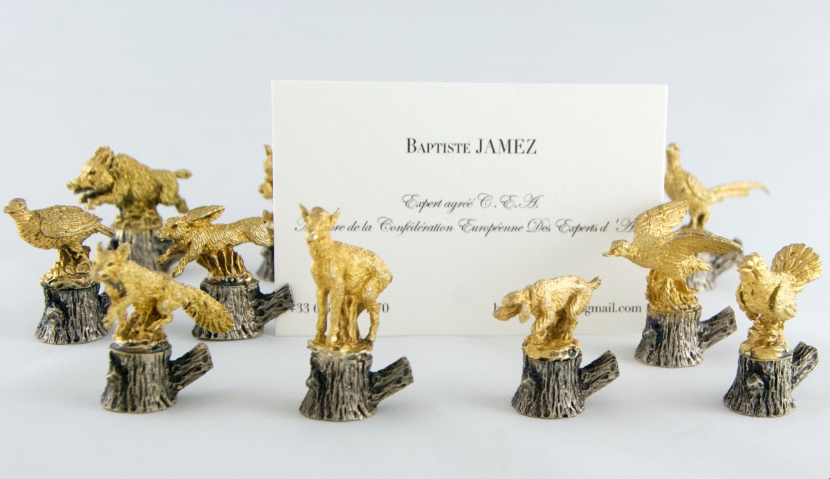 Suite Of 12 Solid Silver And Vermeil Hunting Name Tags, Florence 20th Century-photo-4