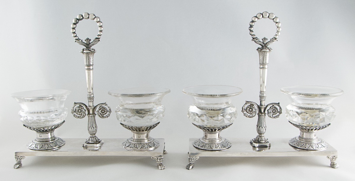 Paris 1819-1838 – Paire de salières doubles en argent massif par Q BASCHELET, poinçon Vieillard-photo-2